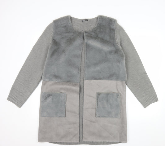 Roman Women Grey Size 14 Faux Fur Trim Knit Longline Cardigan