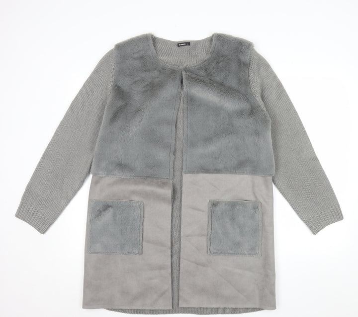 Roman Women Grey Size 14 Faux Fur Trim Knit Longline Cardigan