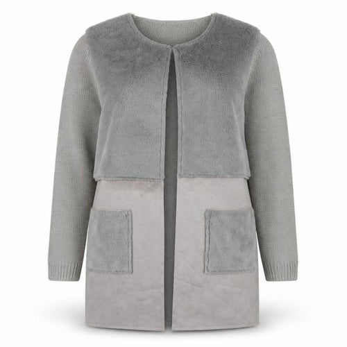 Roman Women Grey Size 14 Faux Fur Trim Knit Longline Cardigan