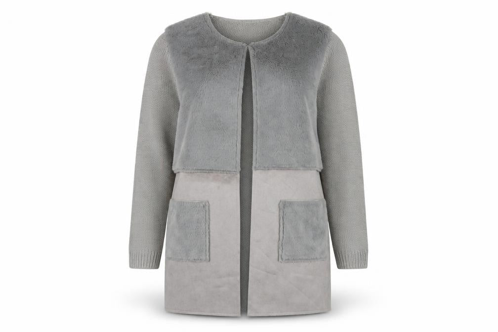 Roman Women Grey Size 14 Faux Fur Trim Knit Longline Cardigan