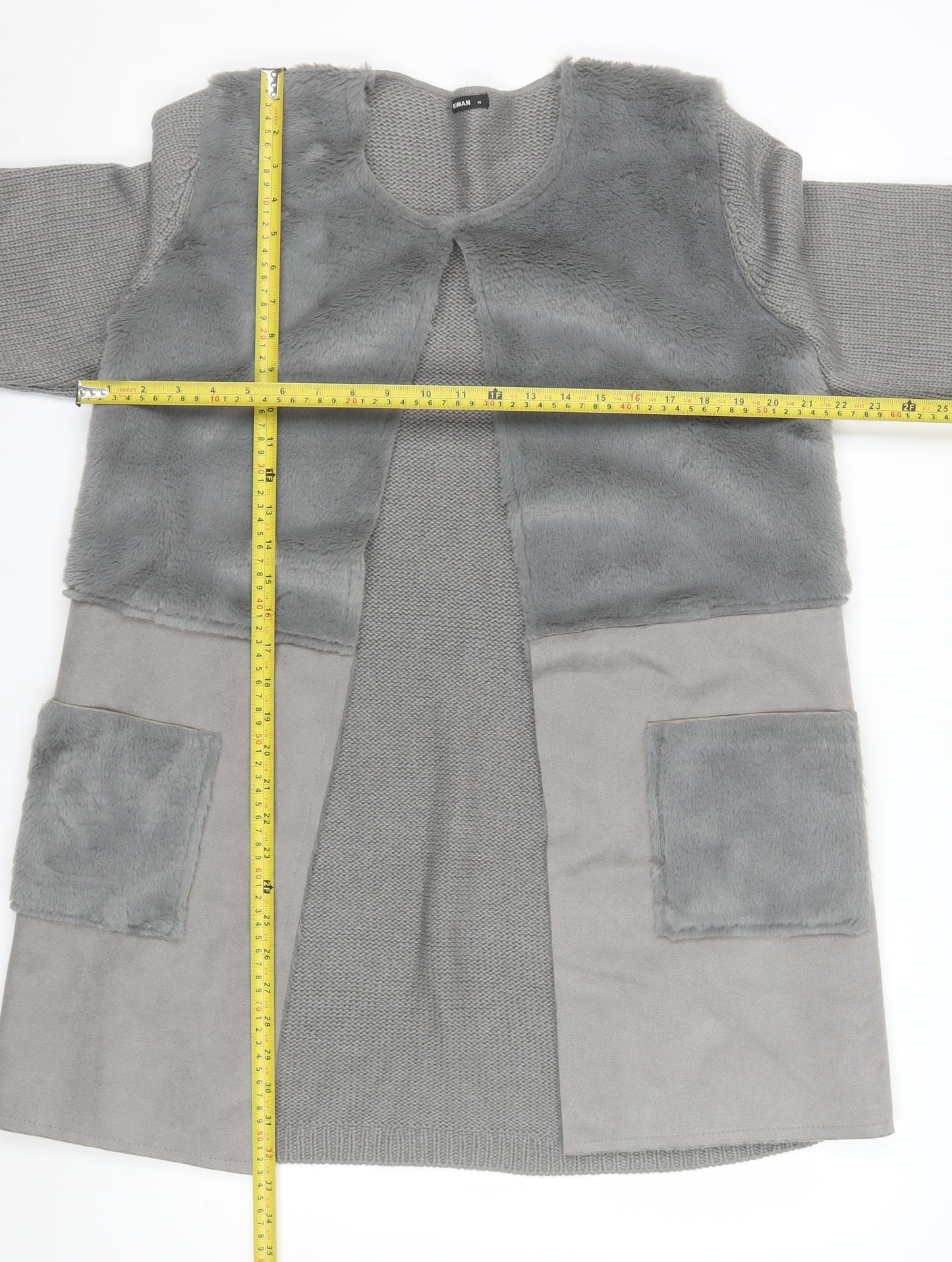 Roman Women Grey Size 14 Faux Fur Trim Knit Longline Cardigan