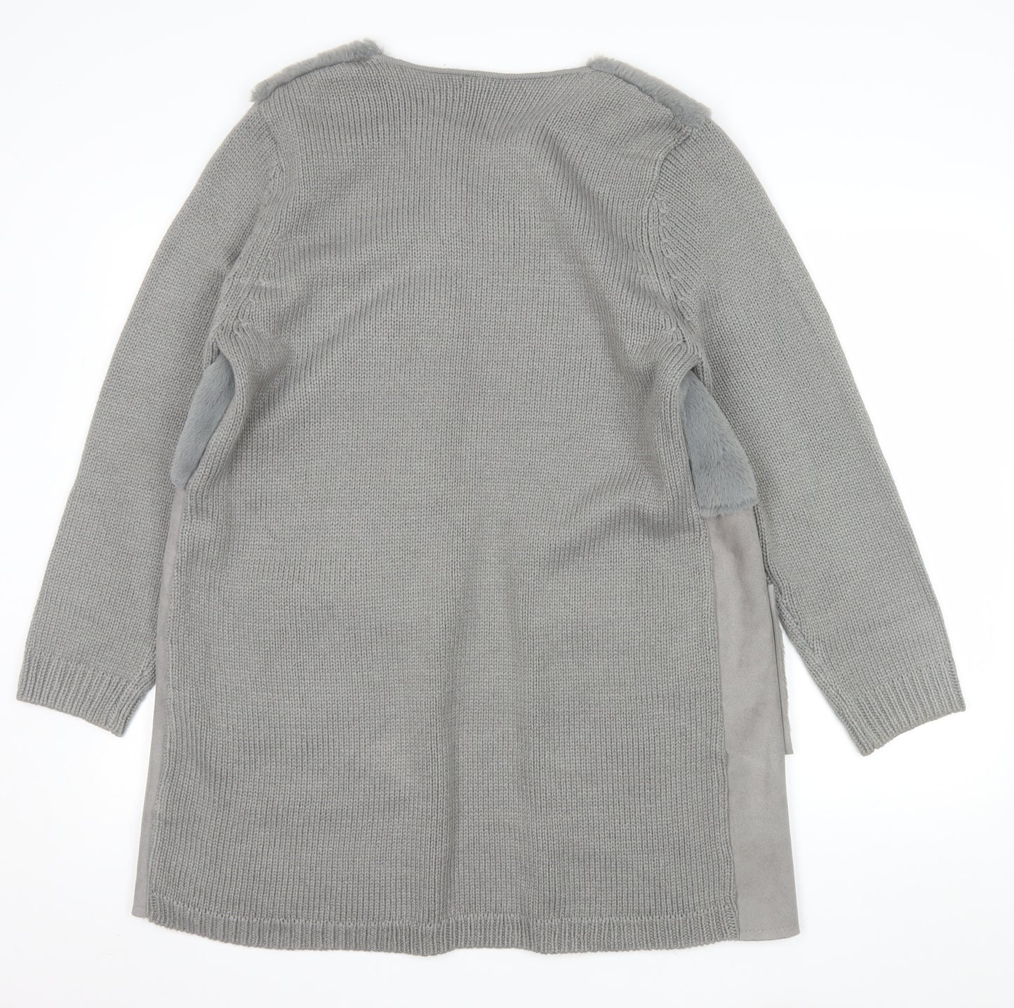 Roman Women Grey Size 14 Faux Fur Trim Knit Longline Cardigan