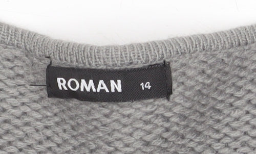 Roman Women Grey Size 14 Faux Fur Trim Knit Longline Cardigan