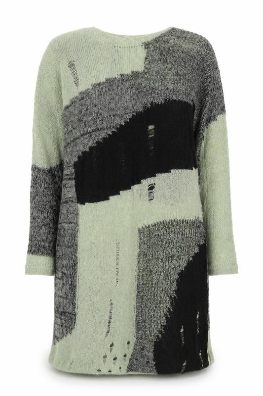 Front view of Cider Women's Green Black Distressed Knit Jumper Dress 2XL