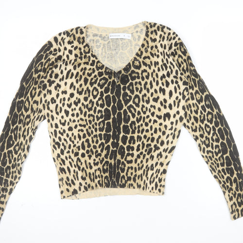 Warehouse Women’s Beige Leopard Print Knit V-Neck Long Sleeve Top Size S