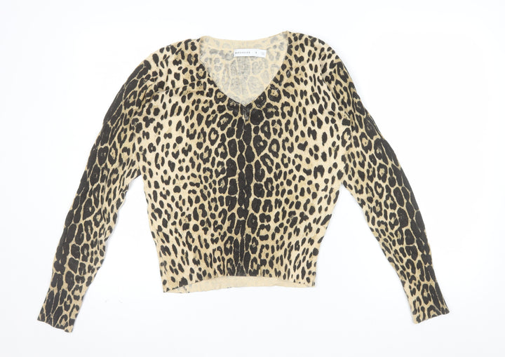 Warehouse Women’s Beige Leopard Print Knit V-Neck Long Sleeve Top Size S