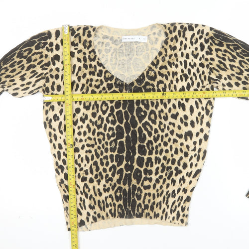 Warehouse Women’s Beige Leopard Print Knit V-Neck Long Sleeve Top Size S