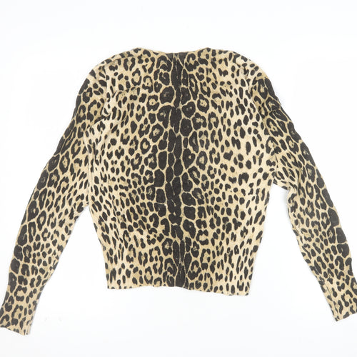 Warehouse Women’s Beige Leopard Print Knit V-Neck Long Sleeve Top Size S