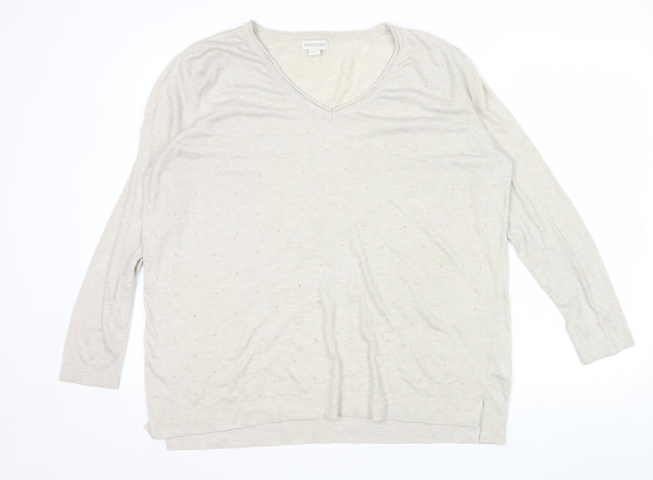 Monsoon Women Beige V-Neck Wool Blend Lightweight Jumper XL