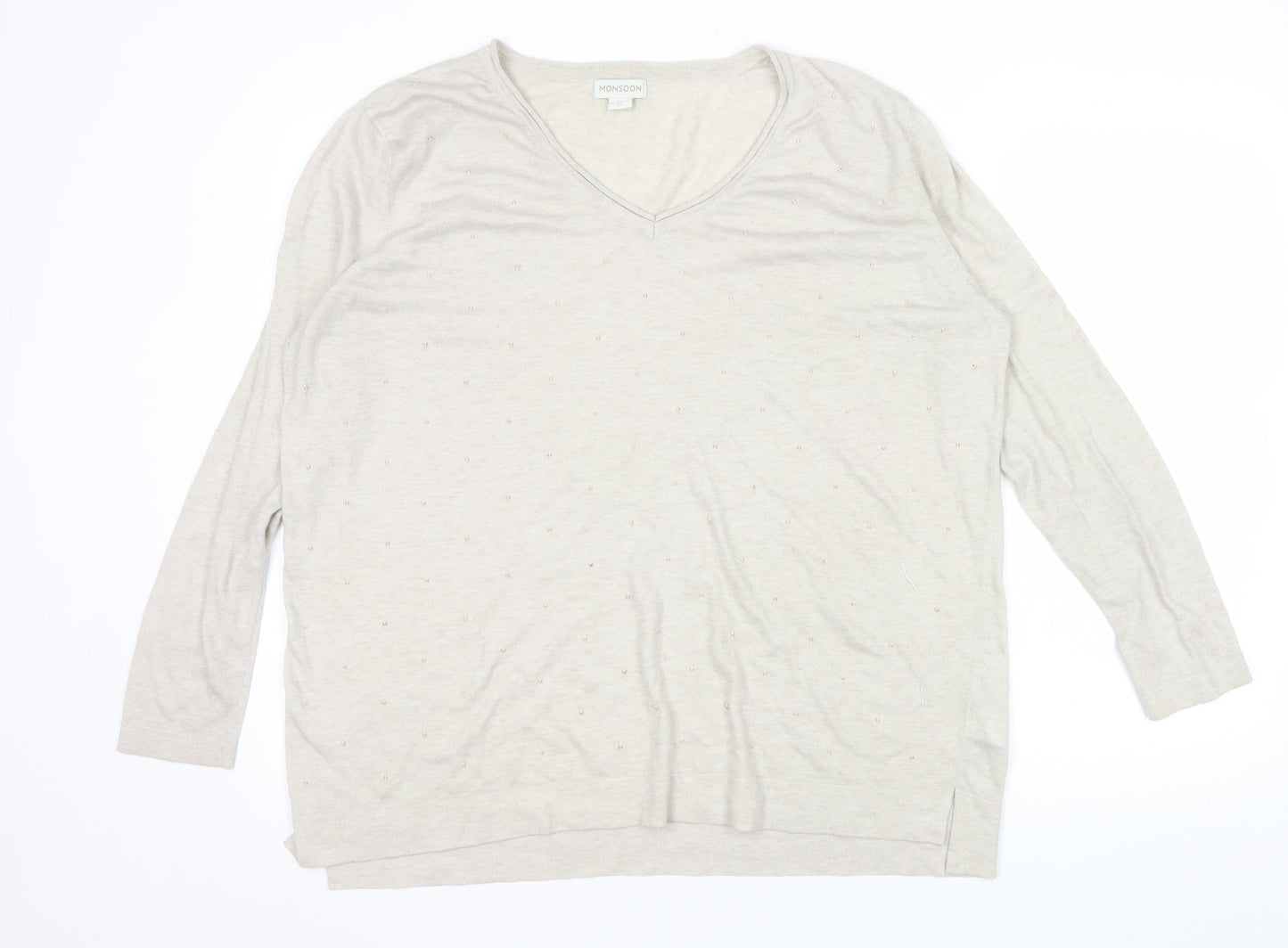 Monsoon Women Beige V-Neck Wool Blend Lightweight Jumper XL