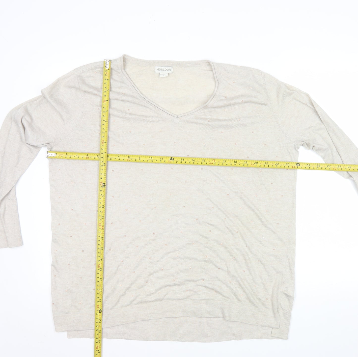 Monsoon Women Beige V-Neck Wool Blend Lightweight Jumper XL