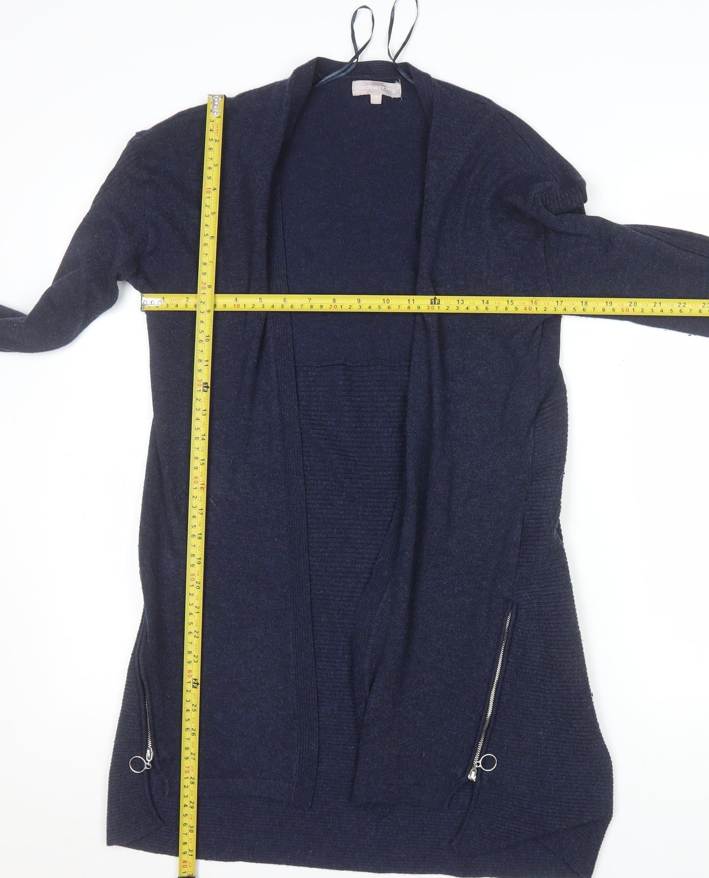 Red Herring Womens Navy Longline Cardigan Size 10 Open Front Zip Detail