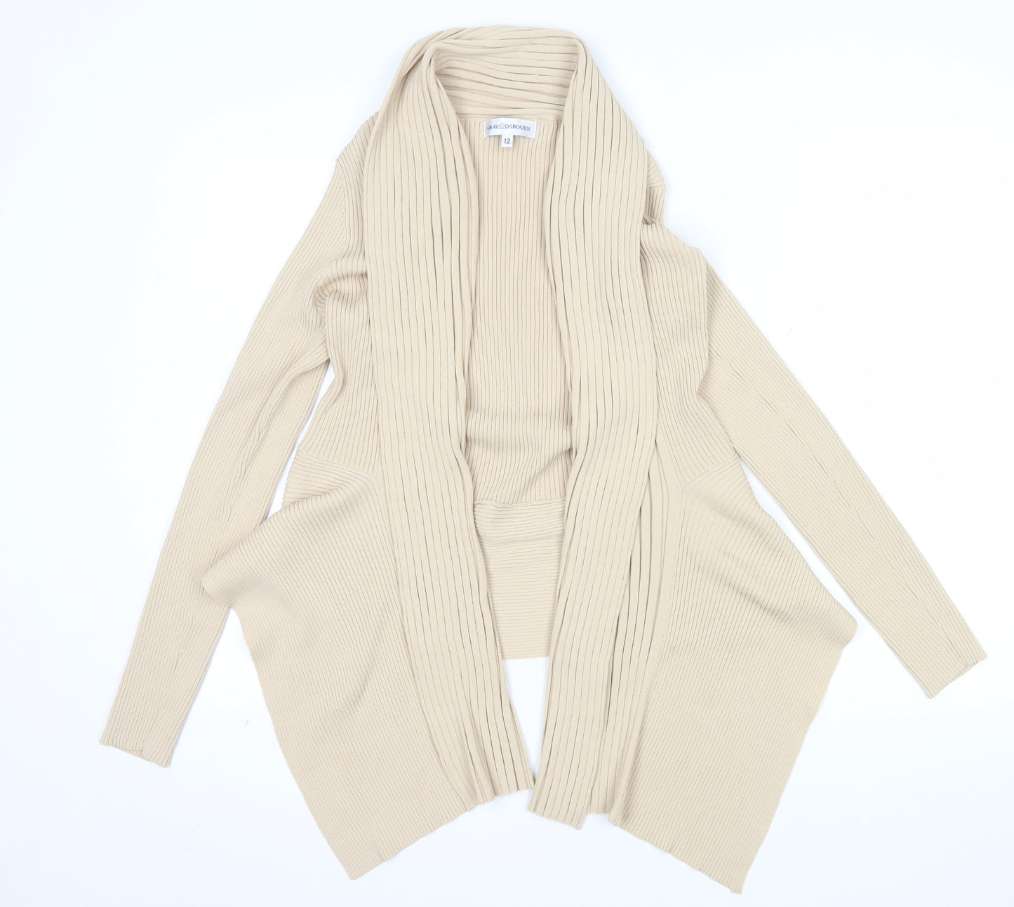 Gray & Osbourn Women's Beige Ribbed Long Sleeve Open Cardigan Size 12