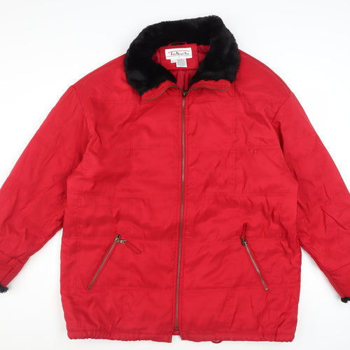 Talbots Women Red Faux Fur Collar Puffer Jacket Lined L Size