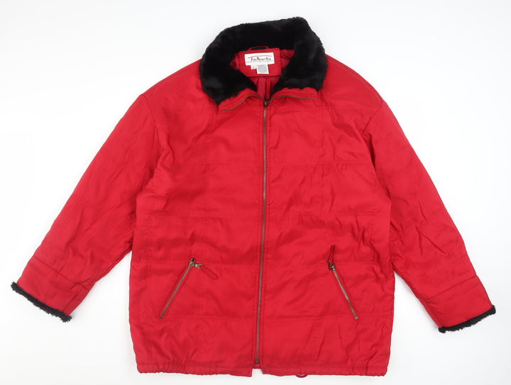 Talbots Women Red Faux Fur Collar Puffer Jacket Lined L Size