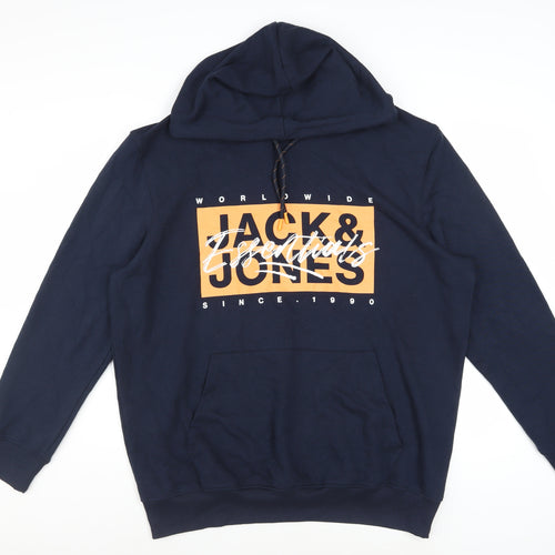 Jack & Jones Men’s Blue Pullover Hoodie XL Logo Graphic Fleece