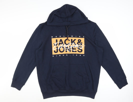 Jack & Jones Men’s Blue Pullover Hoodie XL Logo Graphic Fleece