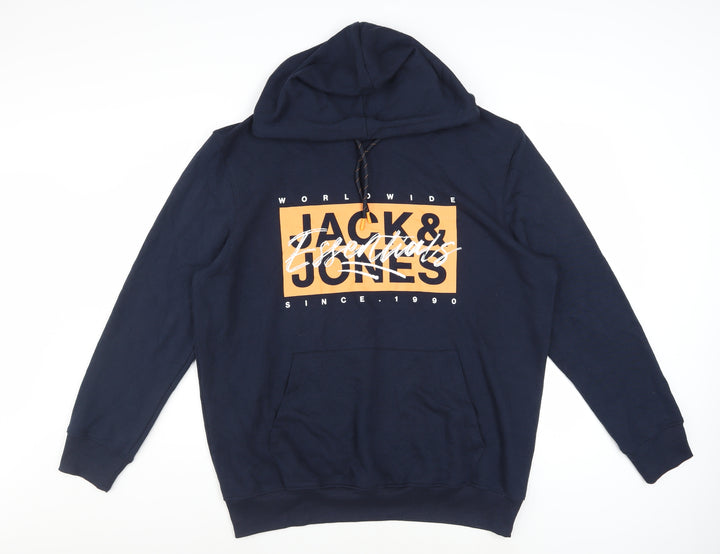 Jack & Jones Men’s Blue Pullover Hoodie XL Logo Graphic Fleece