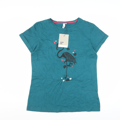 AND/OR Women’s Green Cotton Flamingo Print Short Sleeve T-Shirt Size 8