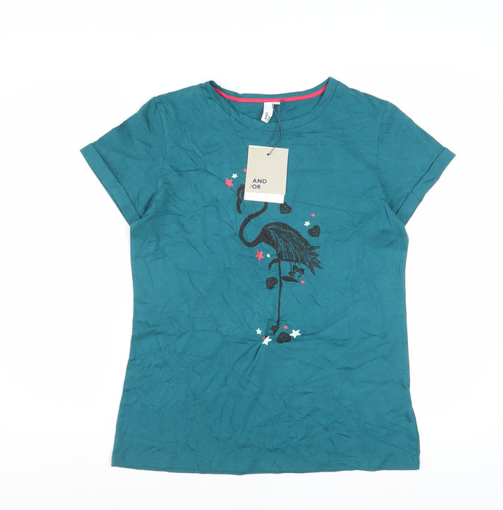 AND/OR Women’s Green Cotton Flamingo Print Short Sleeve T-Shirt Size 8
