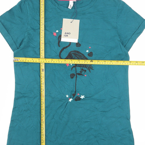 AND/OR Women’s Green Cotton Flamingo Print Short Sleeve T-Shirt Size 8