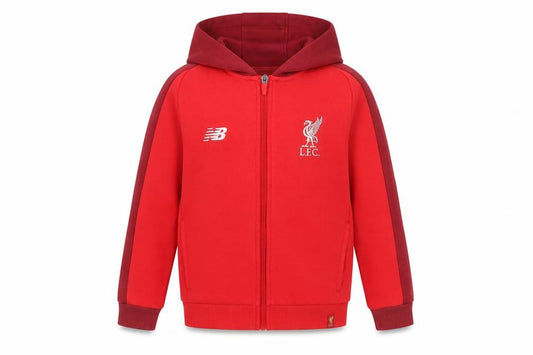 Front view of New Balance boys’ red liverpool fc full zip hoodie, size 9-10, years