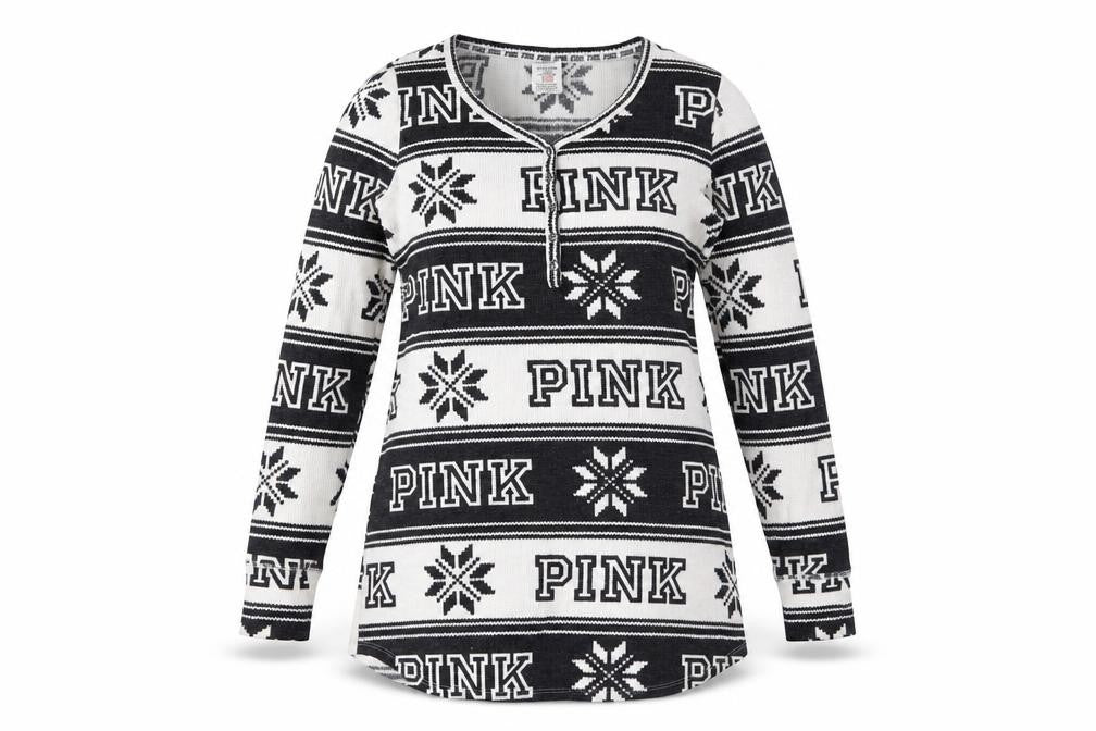 Victoria's Secret PINK Womens Black Fair Isle Long Sleeve Nightshirt S