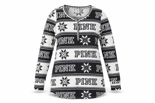 Victoria's Secret PINK Womens Black Fair Isle Long Sleeve Nightshirt S