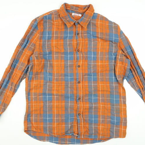 MICLO Men's Orange Blue Check Flannel Cotton Long Sleeve Shirt XL