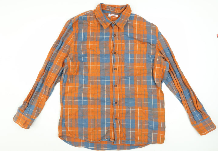 MICLO Men's Orange Blue Check Flannel Cotton Long Sleeve Shirt XL
