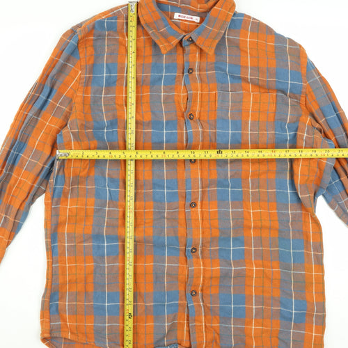 MICLO Men's Orange Blue Check Flannel Cotton Long Sleeve Shirt XL