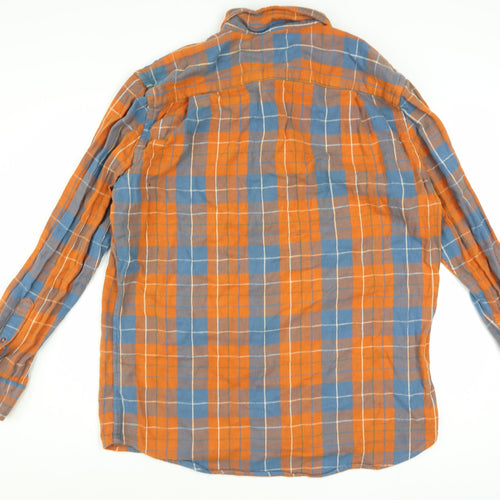 MICLO Men's Orange Blue Check Flannel Cotton Long Sleeve Shirt XL