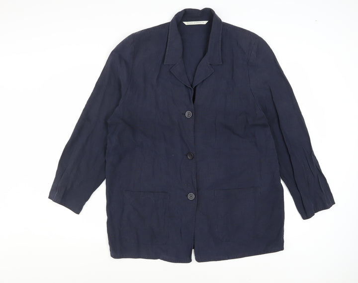 Marks and Spencer Women Blue Linen Blend Blazer Size 18 Classic Mid-Length