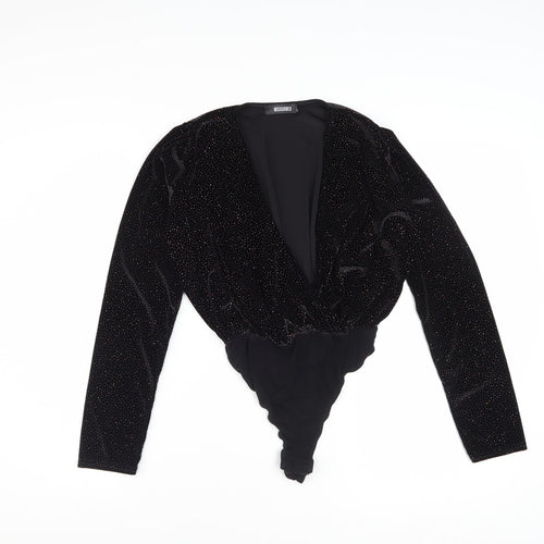 Missguided Women's Black Velvet Glitter Long Sleeve Bodysuit Size 4