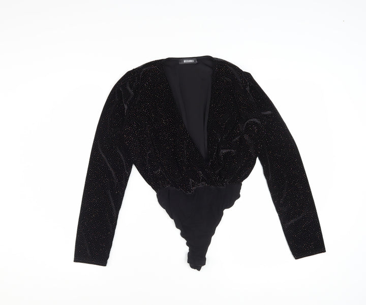 Missguided Women's Black Velvet Glitter Long Sleeve Bodysuit Size 4
