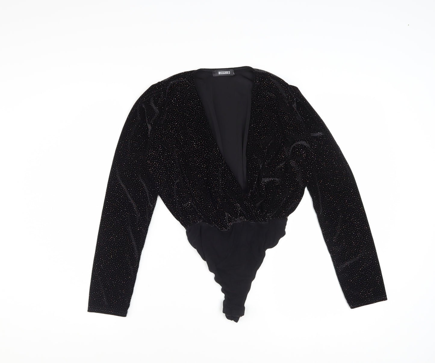 Missguided Women's Black Velvet Glitter Long Sleeve Bodysuit Size 4
