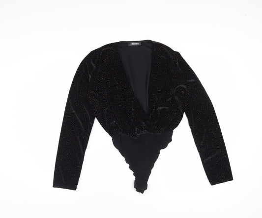 Missguided Women's Black Velvet Glitter Long Sleeve Bodysuit Size 4