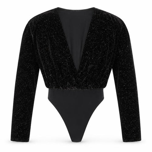 Missguided Women's Black Velvet Glitter Long Sleeve Bodysuit Size 4
