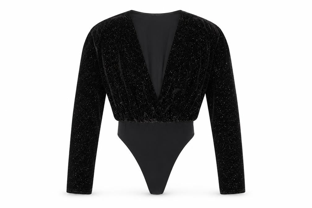 Missguided Women's Black Velvet Glitter Long Sleeve Bodysuit Size 4
