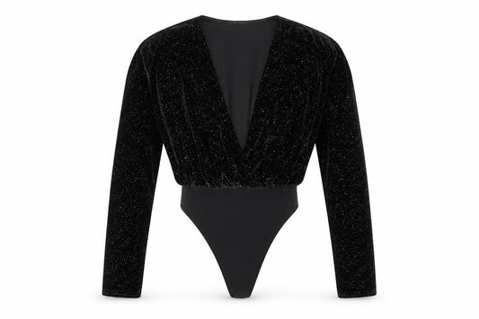 Missguided Women's Black Velvet Glitter Long Sleeve Bodysuit Size 4