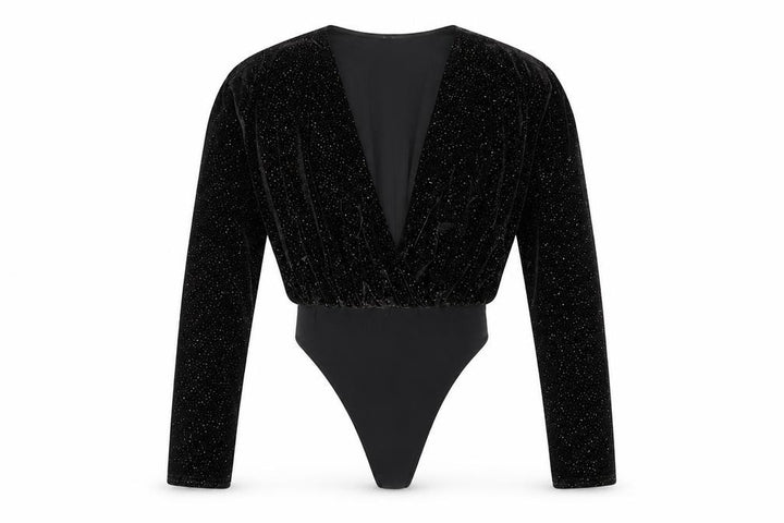Missguided Women's Black Velvet Glitter Long Sleeve Bodysuit Size 4
