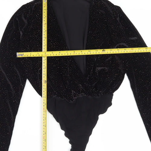 Missguided Women's Black Velvet Glitter Long Sleeve Bodysuit Size 4