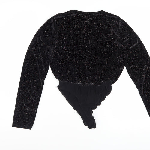Missguided Women's Black Velvet Glitter Long Sleeve Bodysuit Size 4