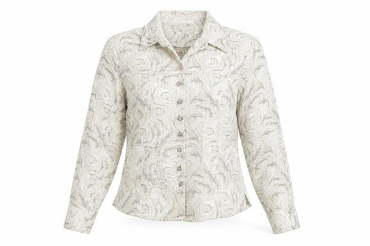 Front view of Coldwater Creek women’s beige petite s jacquard button blouse