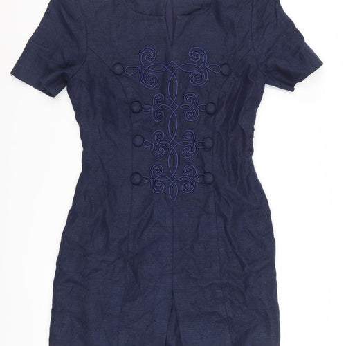 Santa Fe Women Blue Linen Shift Dress Short Sleeve Size 8
