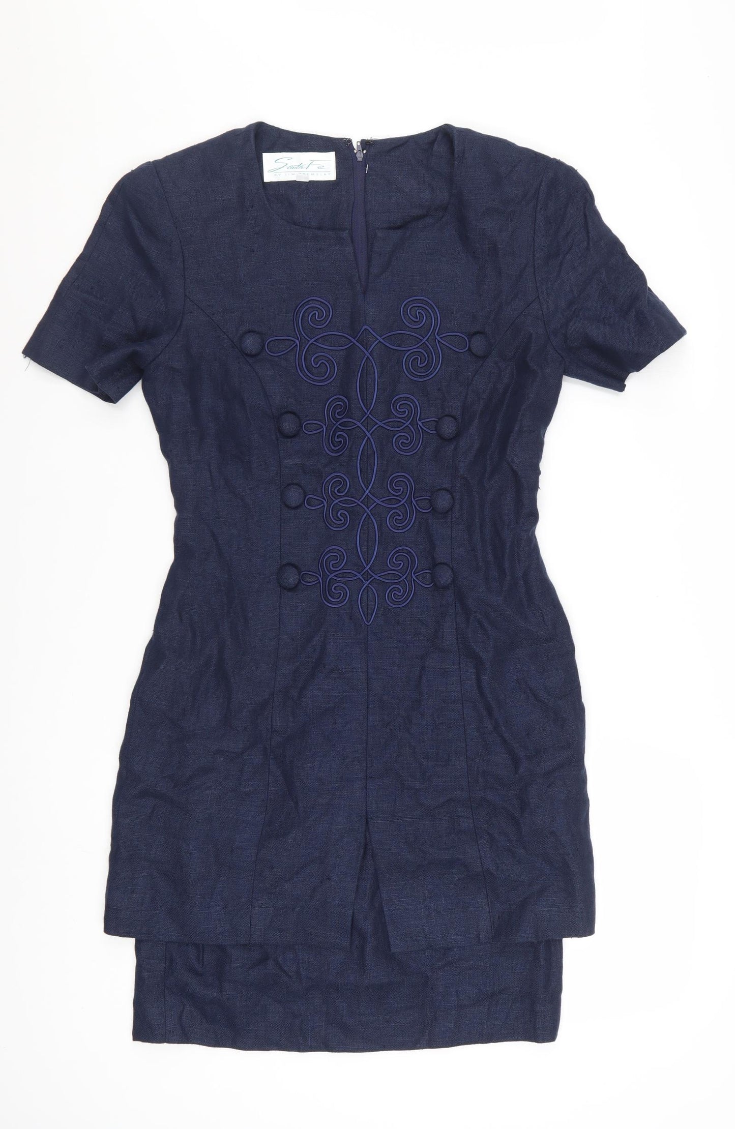 Santa Fe Women Blue Linen Shift Dress Short Sleeve Size 8