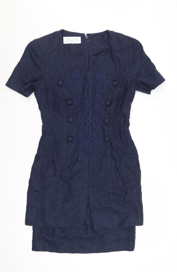 Santa Fe Women Blue Linen Shift Dress Short Sleeve Size 8