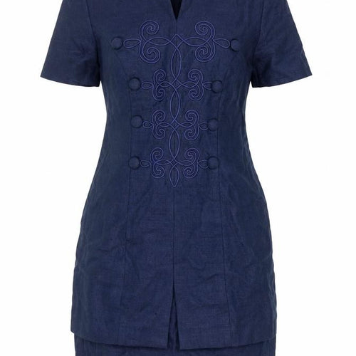 Santa Fe Women Blue Linen Shift Dress Short Sleeve Size 8
