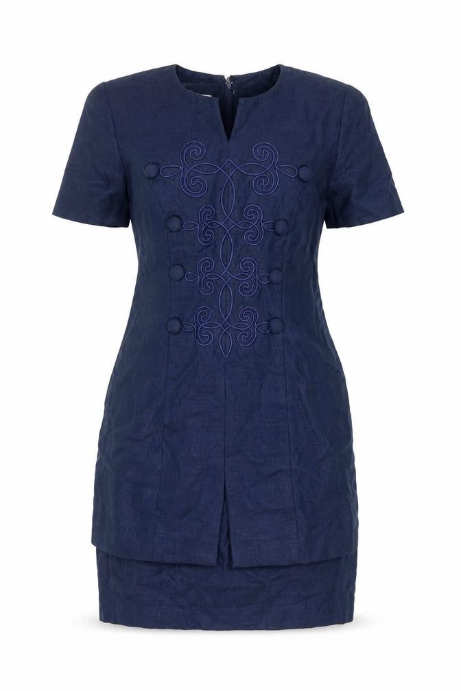 Santa Fe Women Blue Linen Shift Dress Short Sleeve Size 8