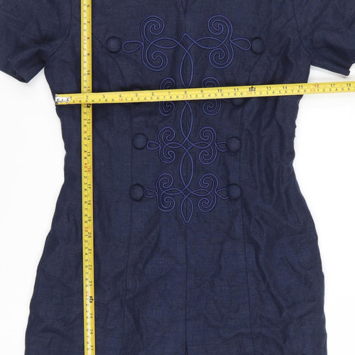 Santa Fe Women Blue Linen Shift Dress Short Sleeve Size 8